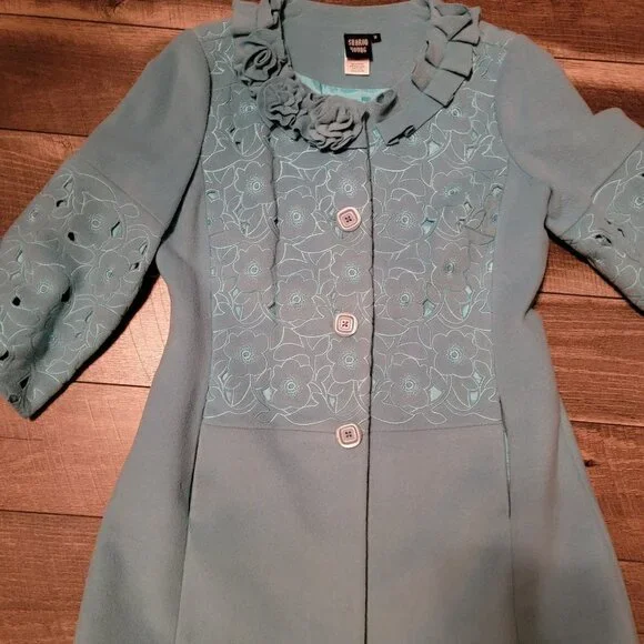 Vintage Sharon Young turquoise blue cutwork wool jacket.  Fully lined.  Size Med - Picture 5 of 12